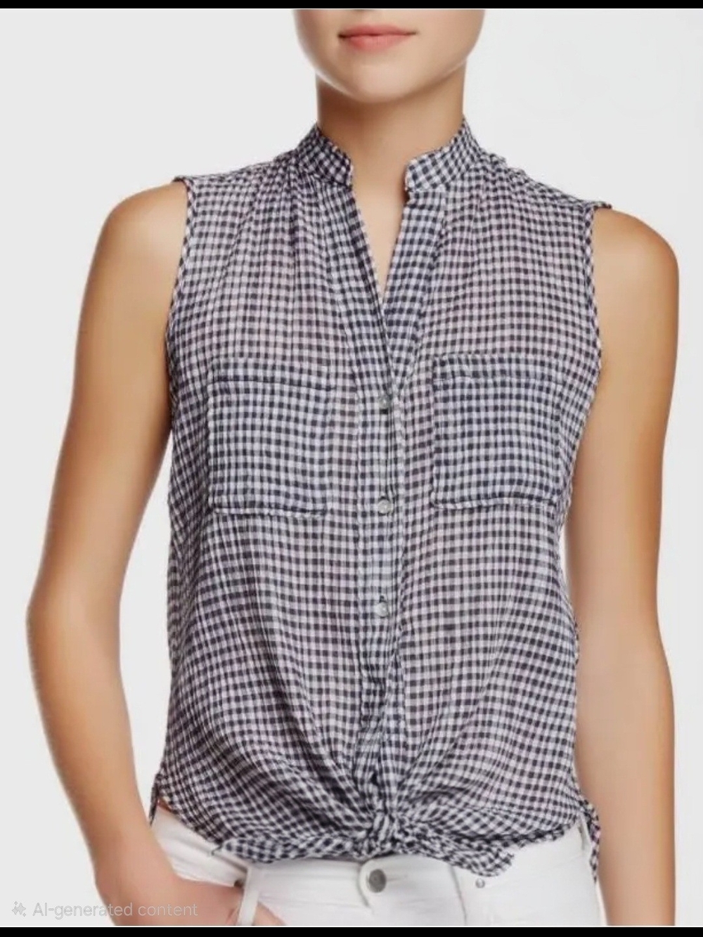 Max Studio Navy Blue & White Gingham Tie-Front Sleeveless Top